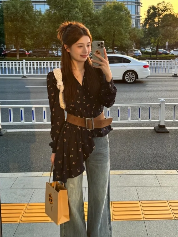 

Уникальная красивая женская блузка с длинными рукавами-фонариками, весна 2026, новая коллекция, с цветочным принтом, асимметричная, из хлопка, полупрозрачная