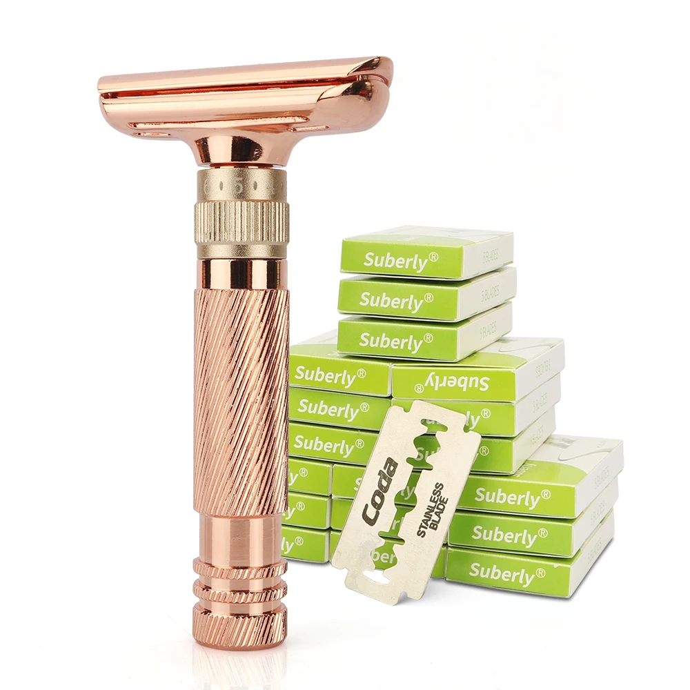 Rose Gold Alat Cukur Kuno Manual Pria Rol Alat Cukur 6 Kecepatan Alat Cukur Logam Tempat Pisau Dua Sisi