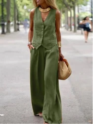 2025 Woman Elegant 2-Piece Pant Sets Casual Vest And Pants Sets Sleeveless Tops Suits 2pcs Outfits Wide Leg Trouser Sets
