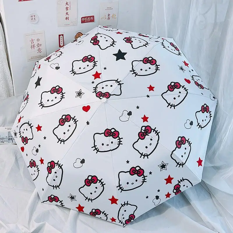 Kawaii Sanrio HelloKitty Women's Automatic Umbrella Cartoon Printed Sunshade Umbrella Folding Black Glue Sunscreen Uv Protection