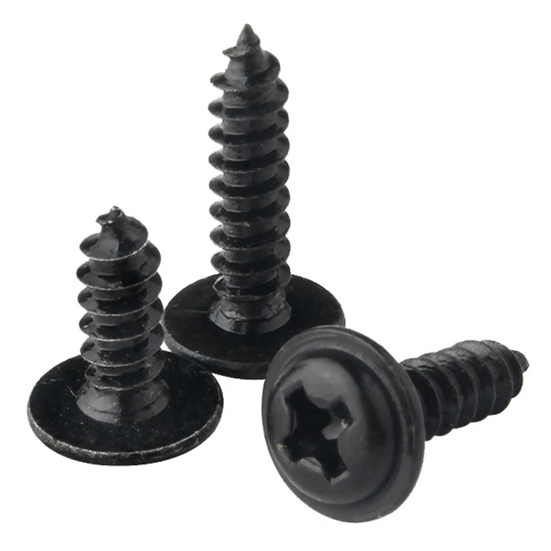 100pcs/lot Black Self-tapping Screw Pan Head PWA Cross Round Head With Washer Cushion M1.4 M1.7 M2 M2.3 M2. 6 M3 M3.5 M4