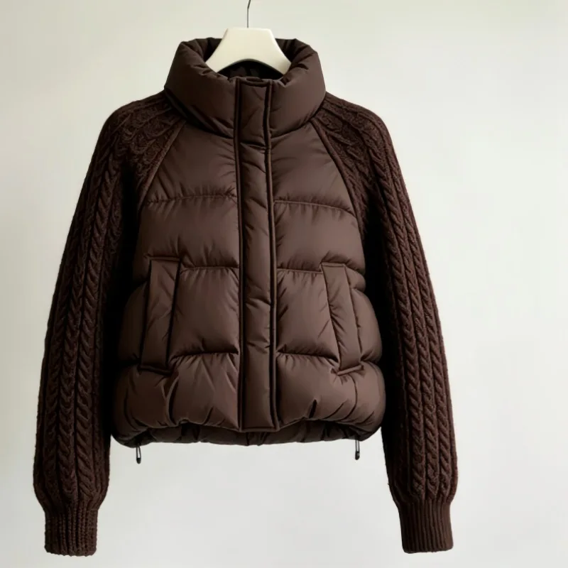 Winter  Jacket For Women Stand Collar Loose Short Coat New Fashion Knitted Patchwork Sleeve Short