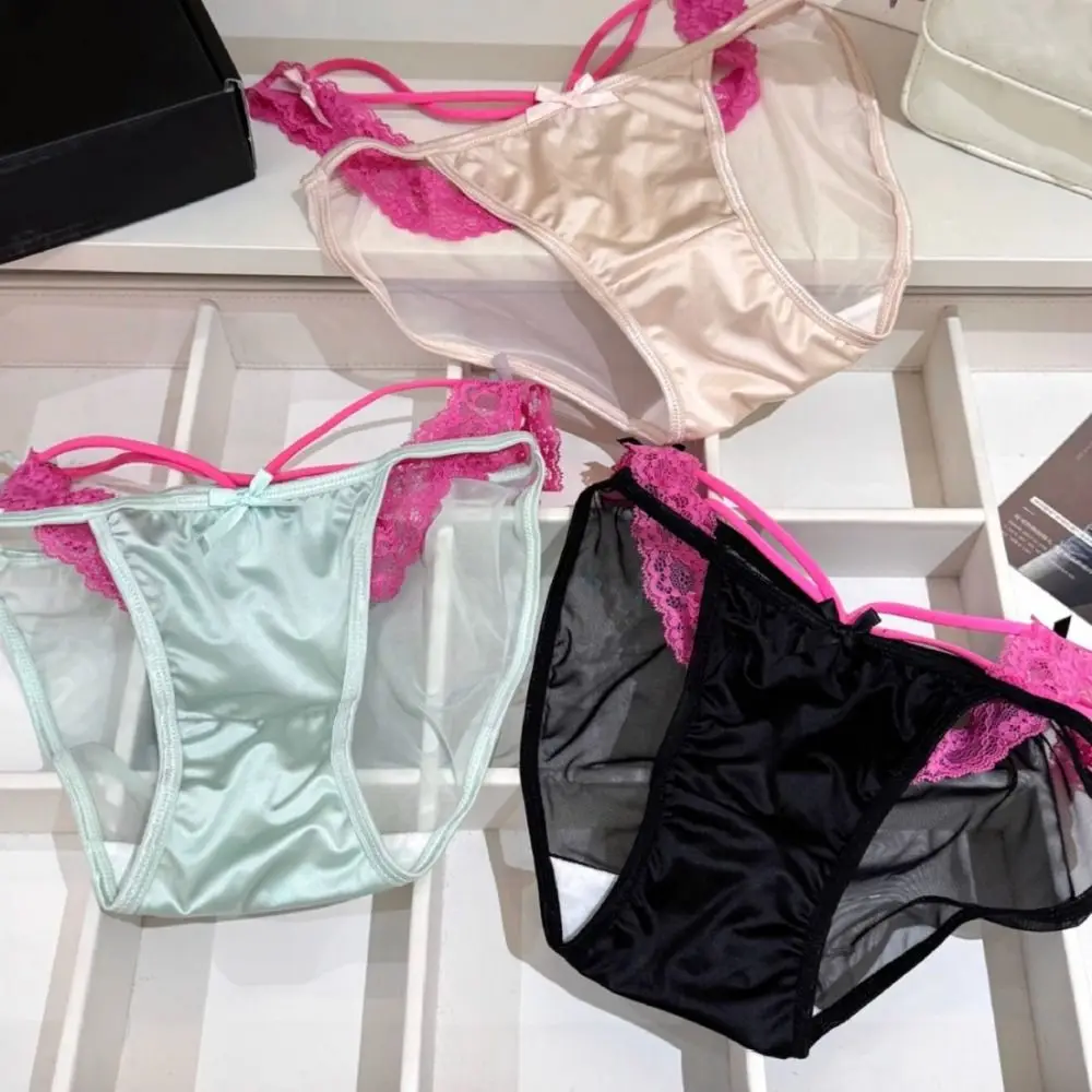 Delicate Low Waist Satin Silk Briefs Cotton Crotch Hollow Out Lace Panties Mesh Thin Underwear for Women Women