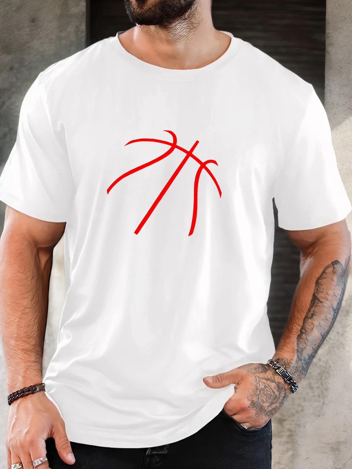 

Men's T-Shirt 2025 New Arrival Modern Minimalist Trendy Sports Basketball Graphic Sleek Sharp Red Line Print Stylish Top Daily