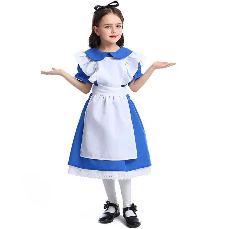 Kids Girls Blue maid Costume princess Party Maid Lolita Cosplay Adult Women Halloween Princess Fancy Dress Up Outfit