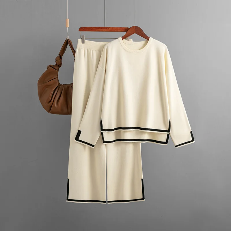 Conjunto de dos piezas de punto para mujer, ropa de dormir holgada de manga larga, pantalones acampanados, trajes informales para el hogar, color