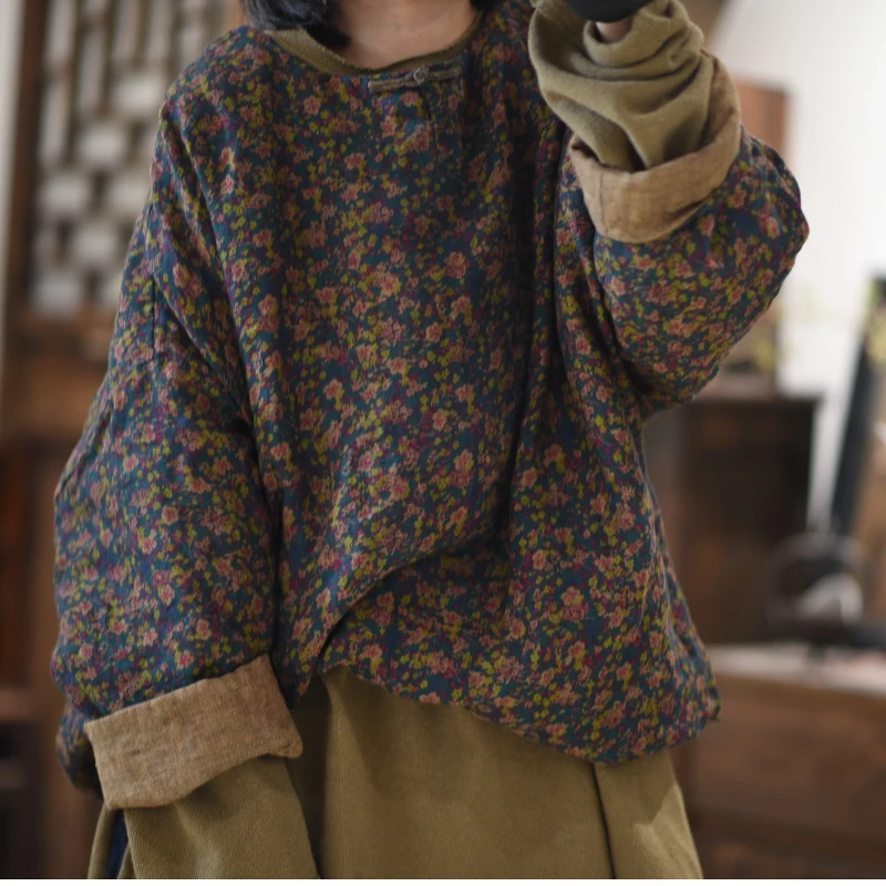 

Винтажное хлопковое флисовое теплое пальто из ткани рами, пуловер, свободное пальто с цветочным принтом, женские зимние стеганые топы в стиле ретро на пуговицах ручной работы