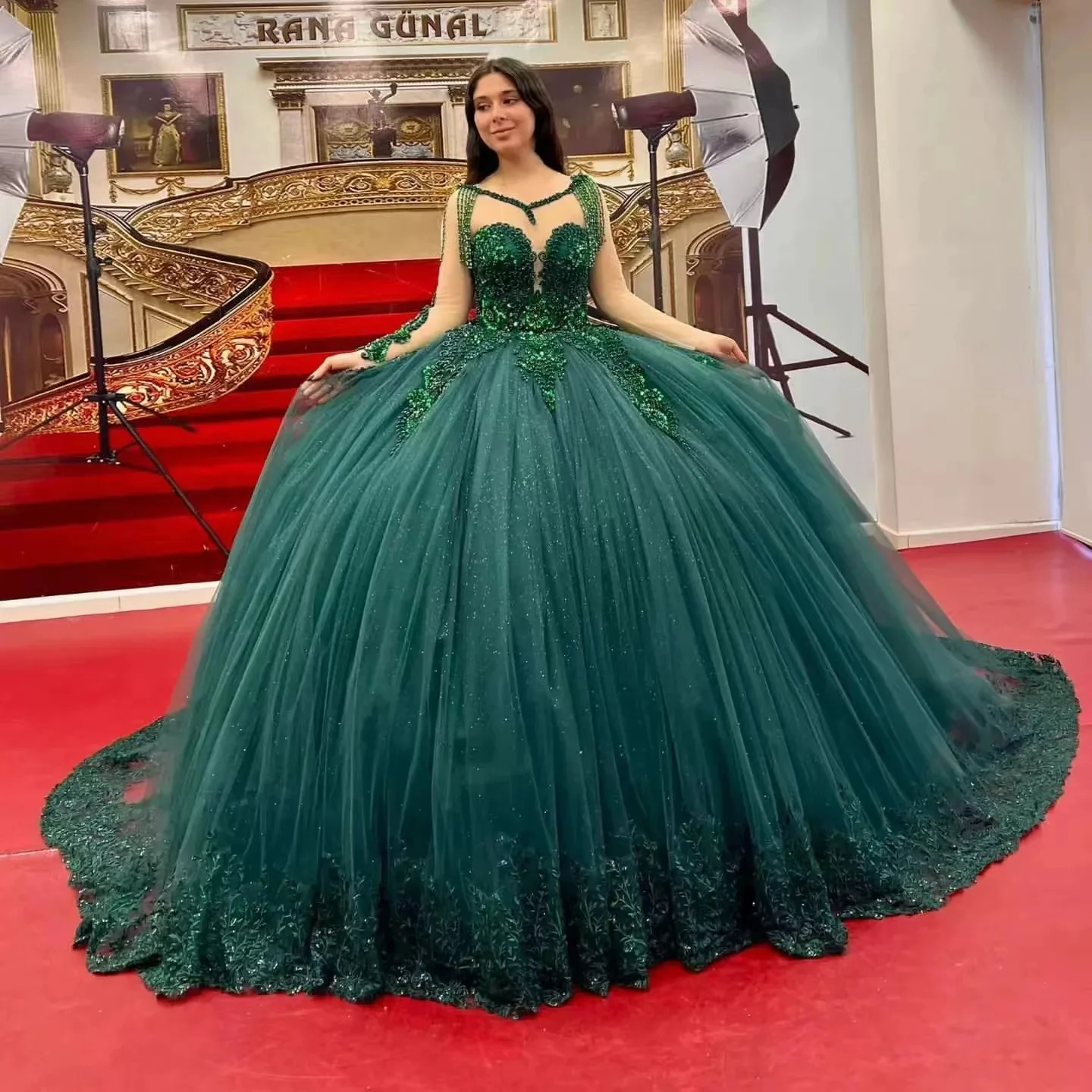 ANGELSBRIDEP-vestido De quinceañera verde esmeralda para niña, vestido De baile con lentejuelas brillantes, apliques De encaje, Vestidos De fiesta De 15 Años