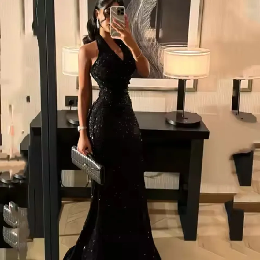 Customized Halter Neck Prom Dress Glitter V Neck vestidos de noche Sleeveless Mermaid Floor-Length Formal Evening party dress