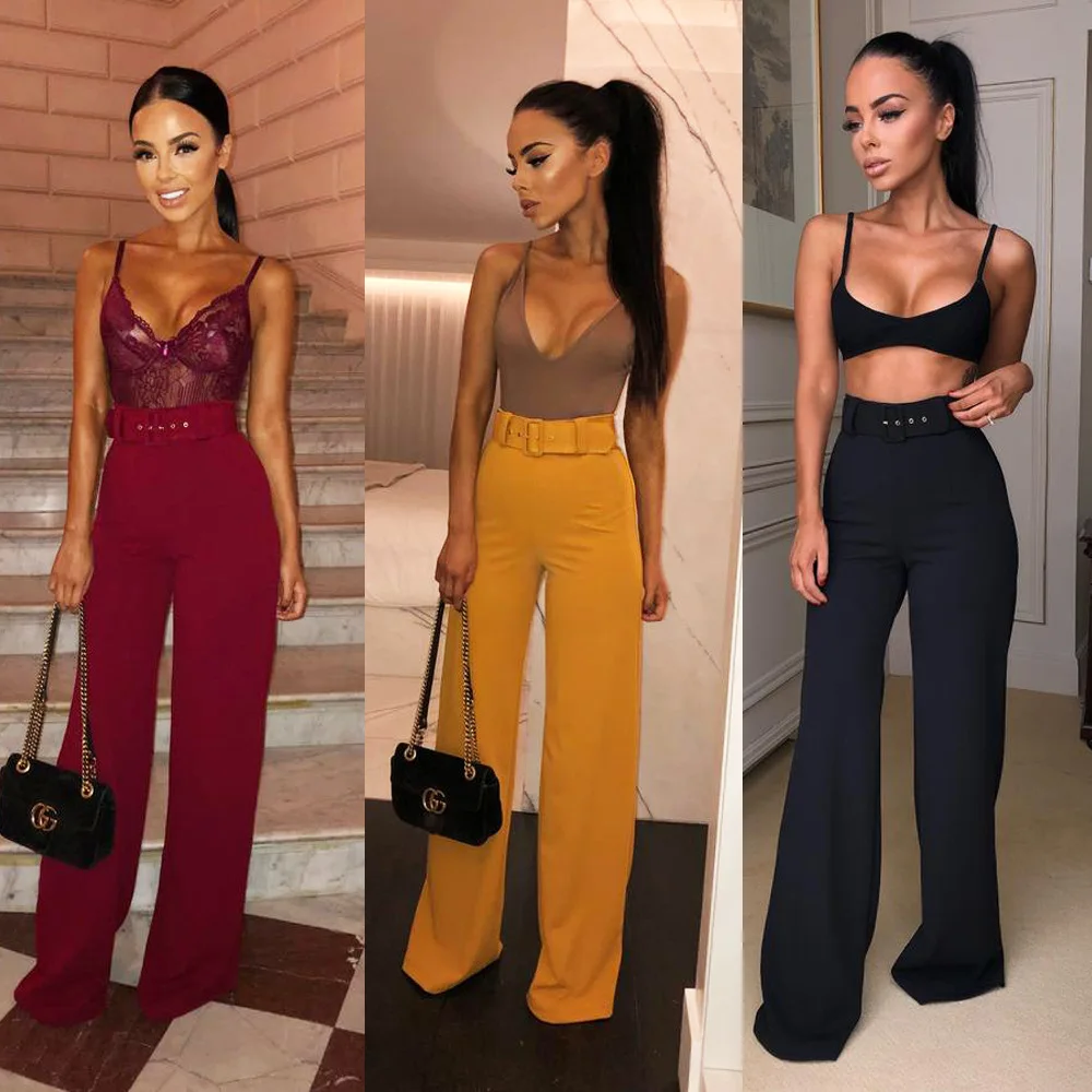 

B9178 European and American women's pure color simple candy colored high waisted wide leg pants, including belt