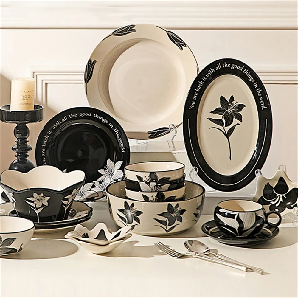 Vintage Black Ceramic Tableware Household Kitchen Supplies Western Afternoon Tea Dish Fish Plate Soup Bowl Printed Tableware Set