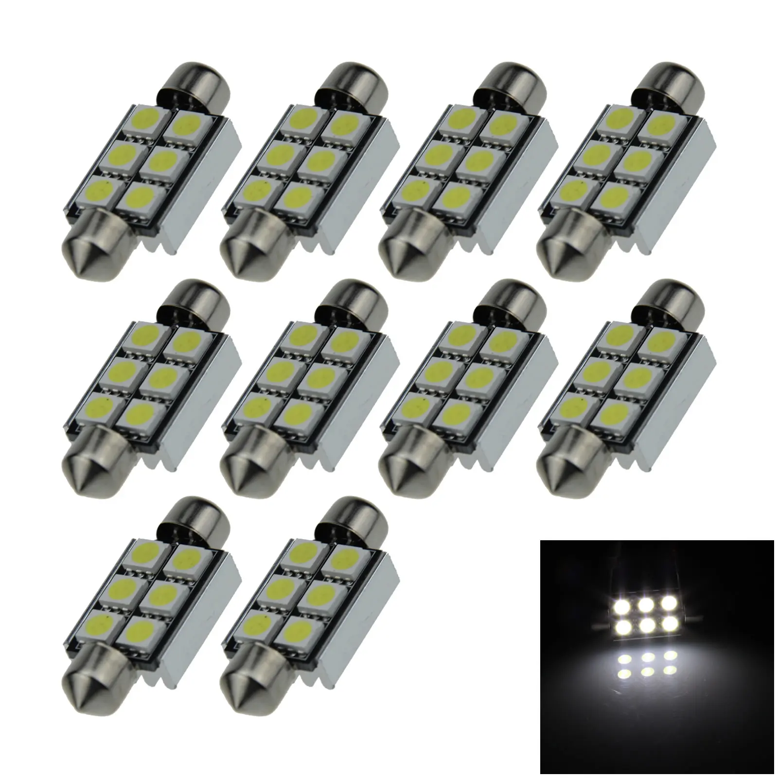 10x White Car 36MM Festoon Light Number plate Blub Canbus Error Free 6 Emitters 5050 SMD LED 37mm I122-W