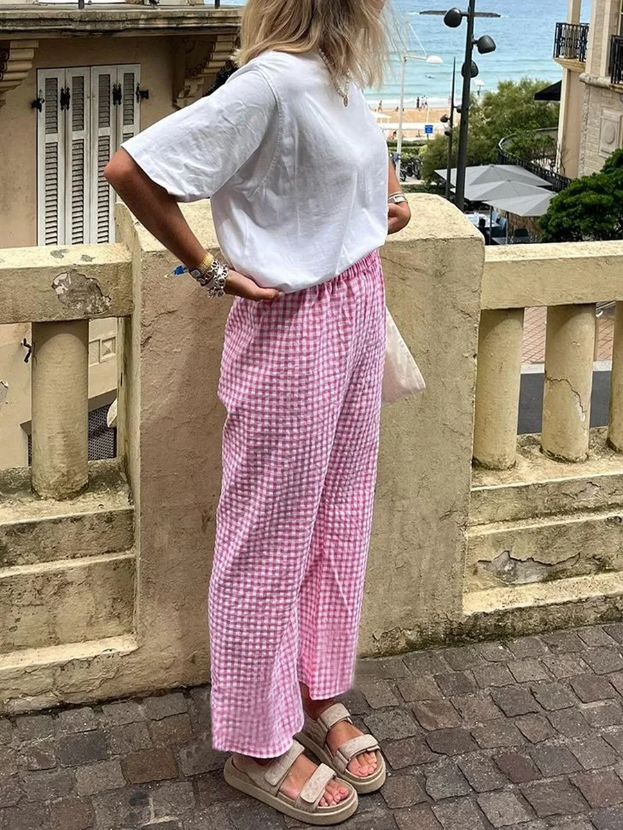 

New Fashion Womens Summer Casual Pants Plaid Drawstring High Waist Straight Leg Trousers For Daily Wear Skin Friendly Hot Sale