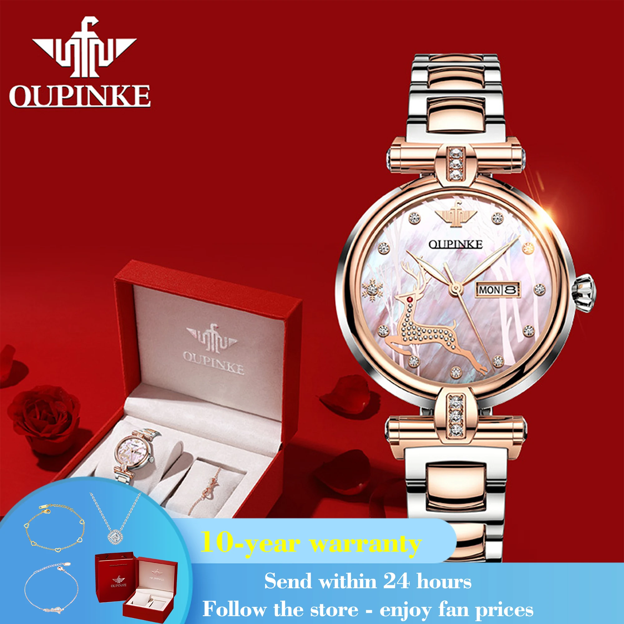 

OUPINKE 3180 Automatic Mechanical Watch For Women Top Brand Luxury Dual Calendar Ladies Wristwatch 50M Waterproof Dress Watches