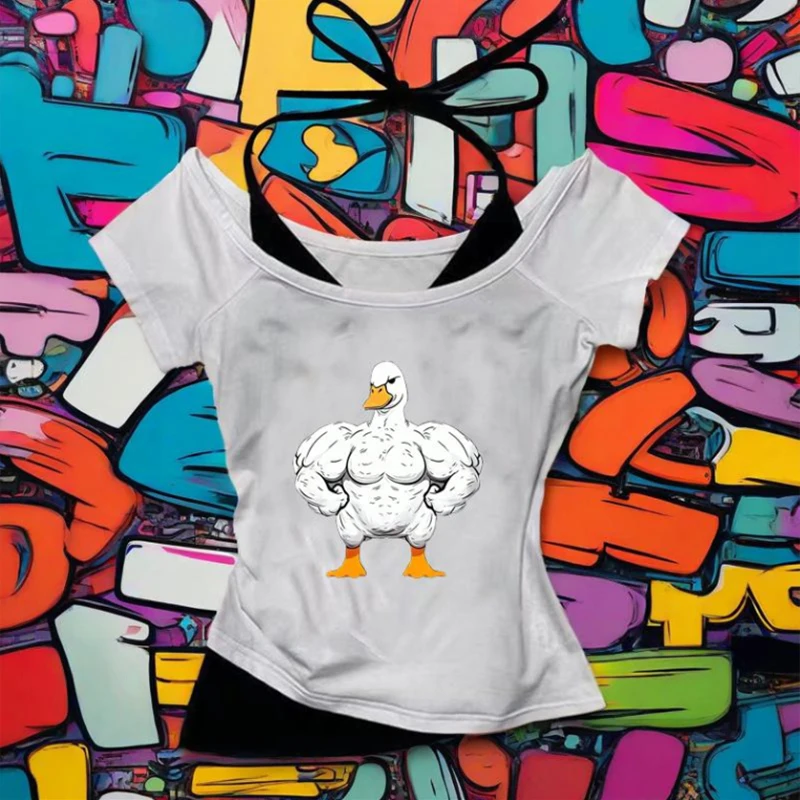 

Женский топ с креативным принтом | Крутая мускулистая большая белая утка с рисунком, искусственный дизайн из двух частей, облегающая короткая футболка