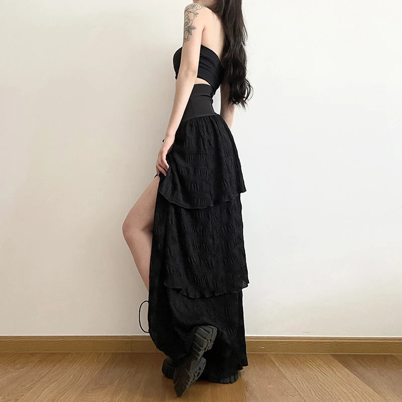 MEXZT Y2K Gonna lunga divisa nera Donna Harajuku Fasciatura gotica Gonne maxi irregolari Estate Vintage Grunge Design A Line Faldas