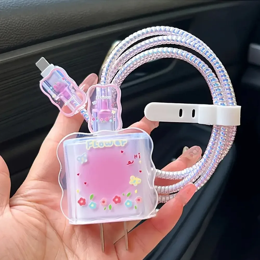 Kawaii Cute Pink Flower Wave Border Y2K USB Protector Cover for iPhone 18W/20W 15 14 13 Data Line Head Cord Fast Charging Case