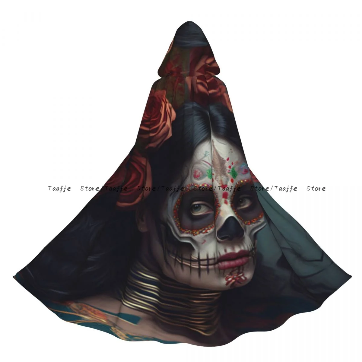 Capa unisex de Halloween con calavera de azúcar, maquillaje Dia De Los Muertos, capa con capucha, disfraz Medieval, bruja, Wicca, vampiro
