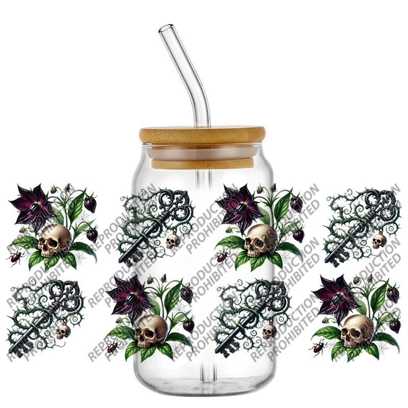 

Gothic Skull with Rose Flower 16oz Libbey Glass Can Wrap Transfer Stickers Waterproof High Quality Vinyl Decals for Mugs Phone