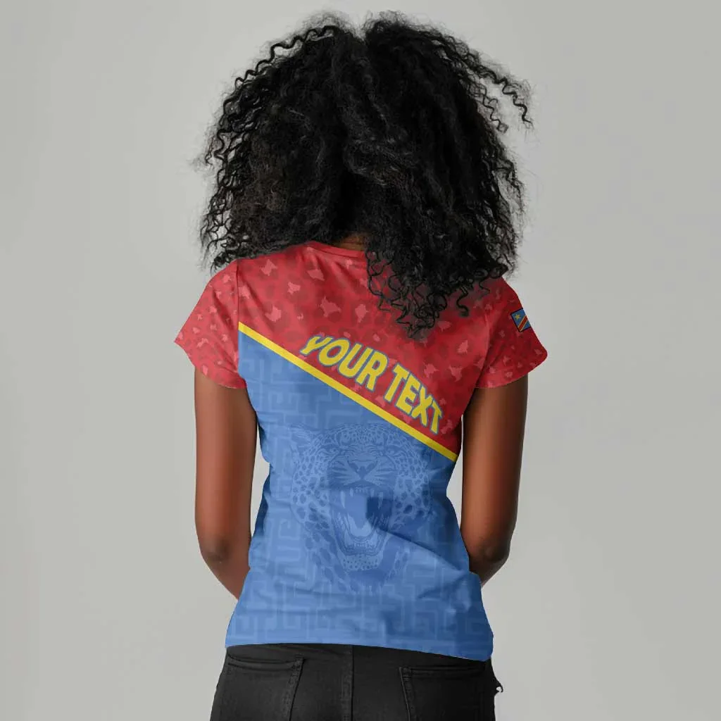 Democratic Republic of Congo Women's Blue Sweatshirt, V-neck T-shirt, Printed, Retro Minimalist Style Women's T-shirt Top