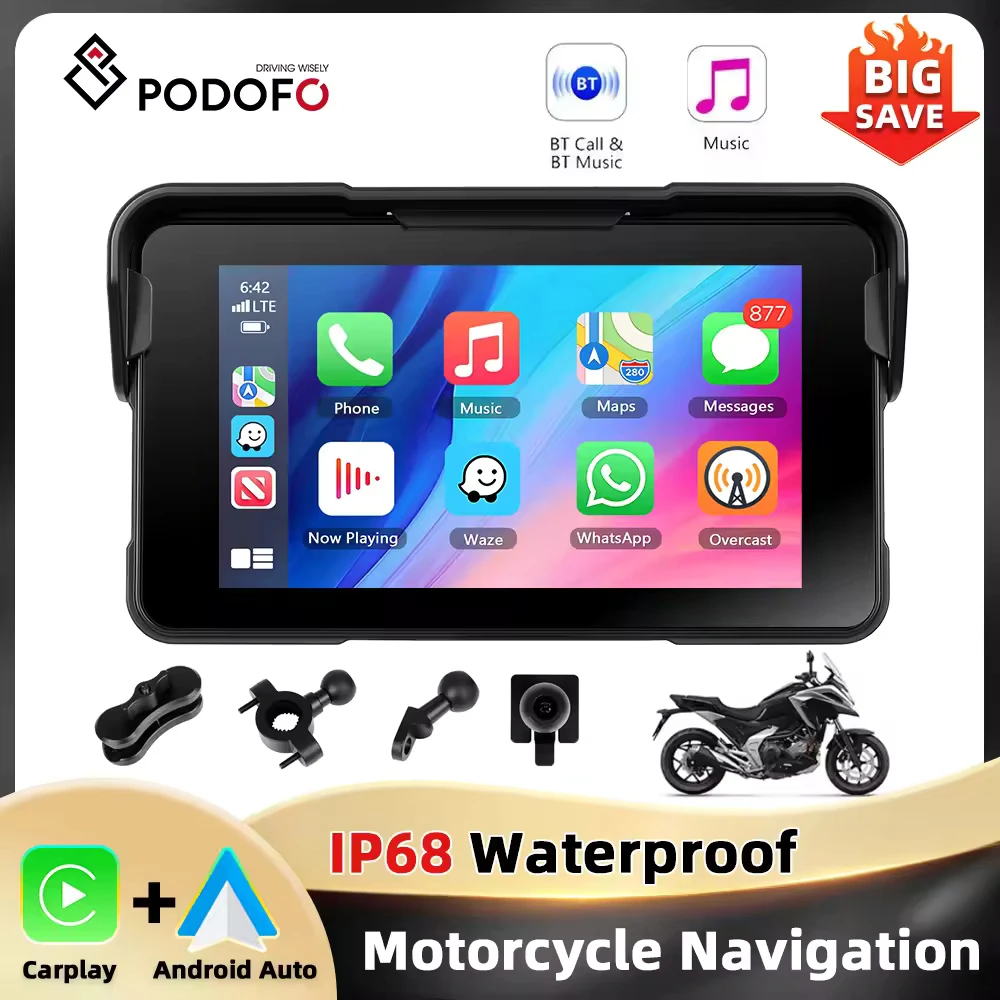 Podofo 5 ''HD lecteur d'écran intelligent Carplay Android surveillance automatique de la pression des pneus IP68 étanche BT moniteur de moto Portable