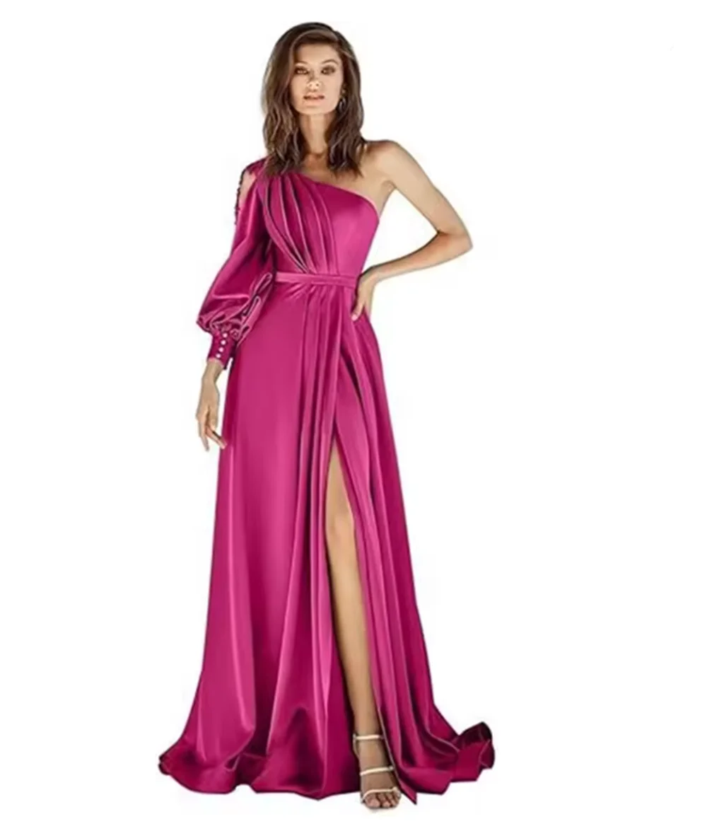 ชุดราตรีหรูหราแบบสั่งตัดสำหรับผู้หญิง ชุดเดรสออกงานแขนยาวแบบไหล่เดียว ทรงเอไลน์ยาวกรอมพื้น ผ่าข้าง ชุดราตรีงานพรอม