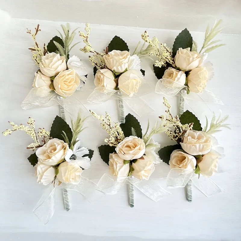 Corsage do pulso do noivo para homens, flores artificiais, rosas vermelhas, seda marfim, marfim, acessórios do casamento, Buttonhole