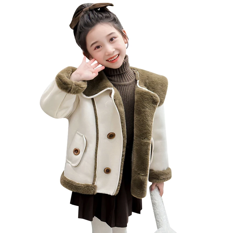 Jaqueta de shearling falsa para meninas, casaco quente duplo breasted com gola contrastante, agasalhos de inverno para meninas de 2 a 9 anos