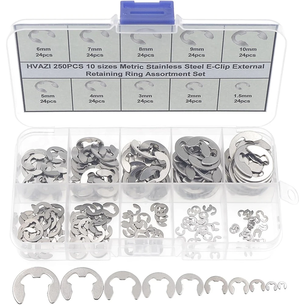 

240pcs 1.5/2/3/4/5/6/7/8/9/10mm E-Clip External Retaining Rings Snap Ring Assortment Set 304 Stainless Steel E Type Clips C-Clip