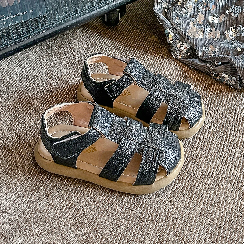 

Kids Beach Shoes Retro British Style Boys Girls Sandals Toes Capped Soft Sole 2025 Summer New Children Casual Shoes Soild Color