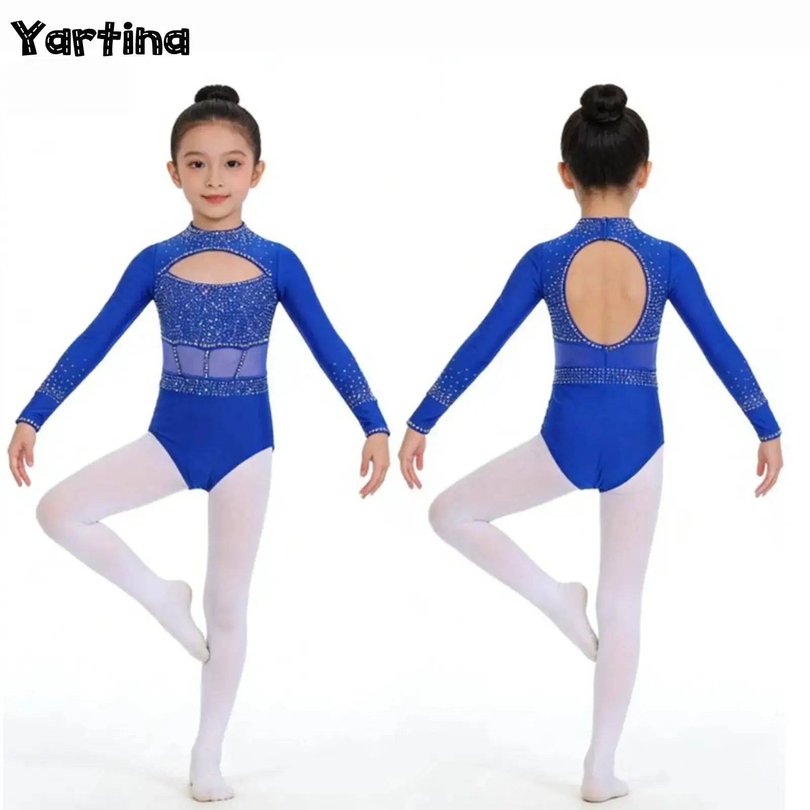 

Детский костюм с блестящими стразами для девочек, гимнастический балетный танцевальный купальник, костюм с длинными рукавами и невидимой молнией сзади, боди с вырезом спереди