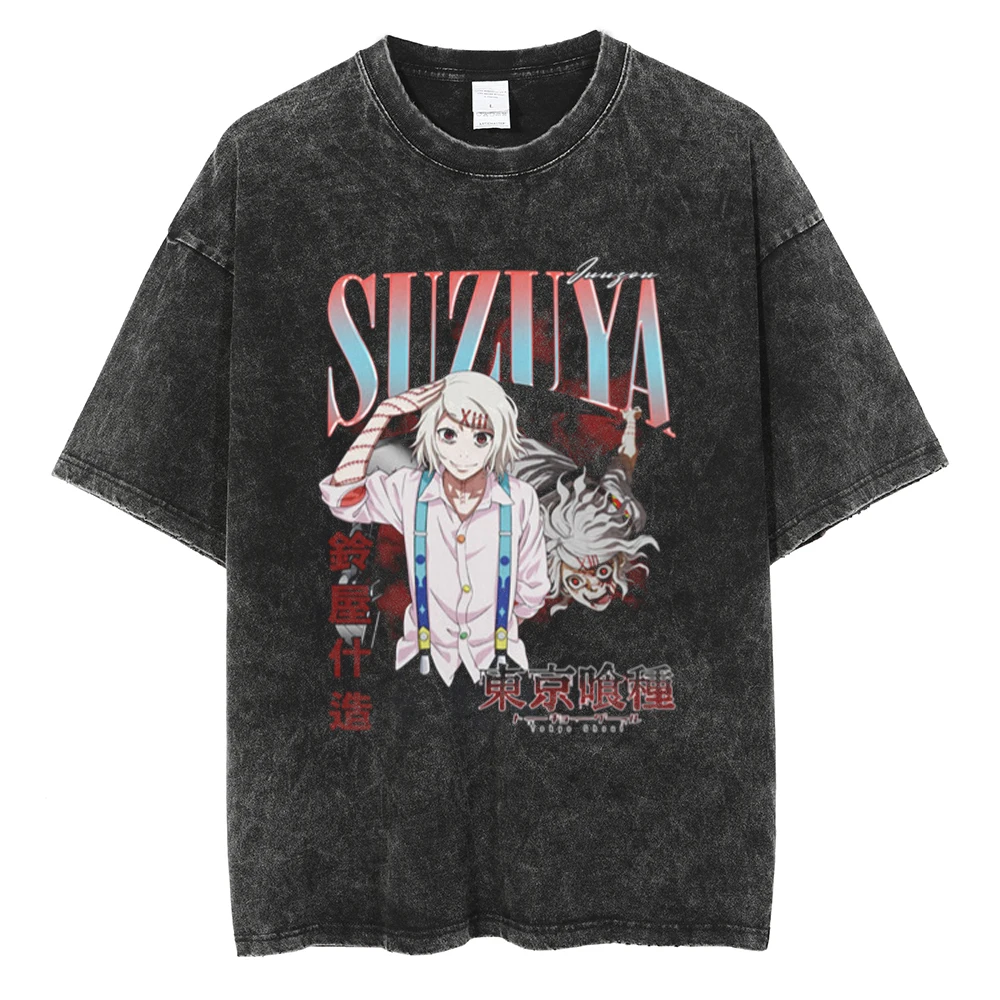 Anime Tokyo Ghoul Juuzou Suzuya Printed T Shirt Men Crewneck Washed T-shirts Manga Vintage Cotton Tshirt Harajuku Male Tops