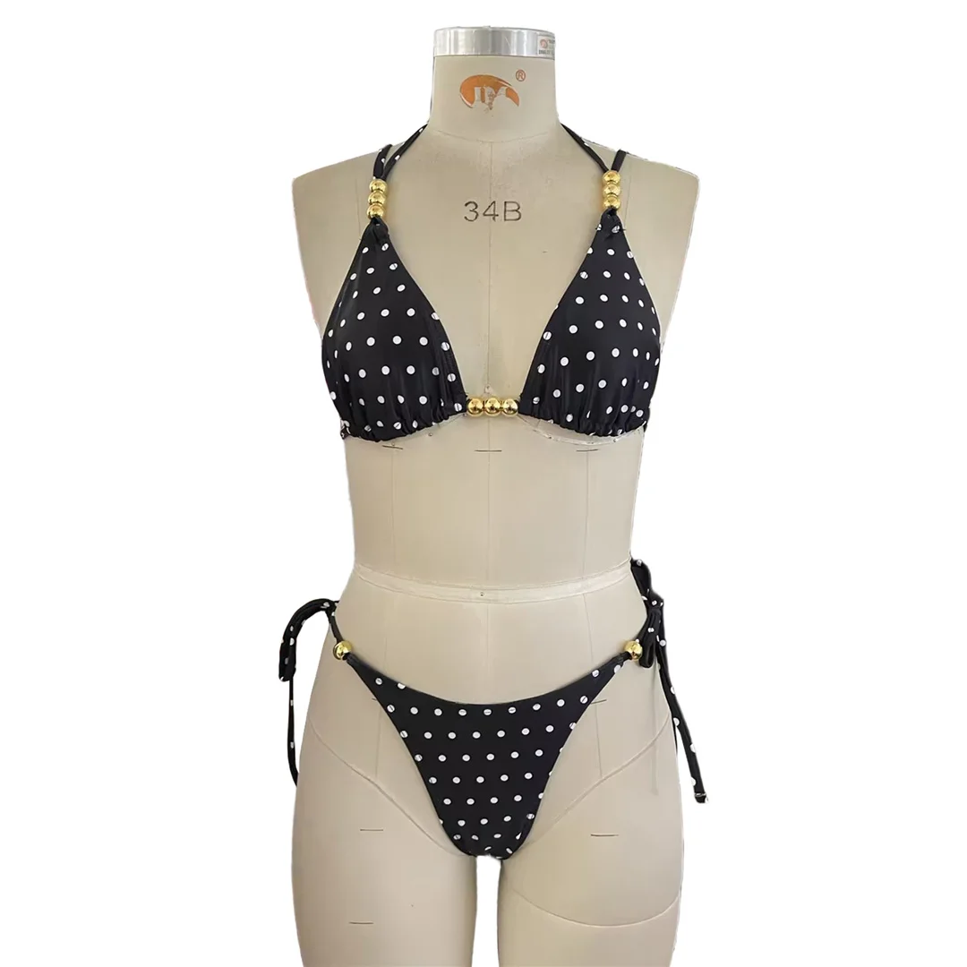 Polka Dot Neckholder-Bikini mit Metallperlen, Damen-Badeanzug, zweiteiliges Bikini-Set, gepolsterter Badeanzug, Badebekleidung, Schwimmbekleidung V8541 – Detail 10