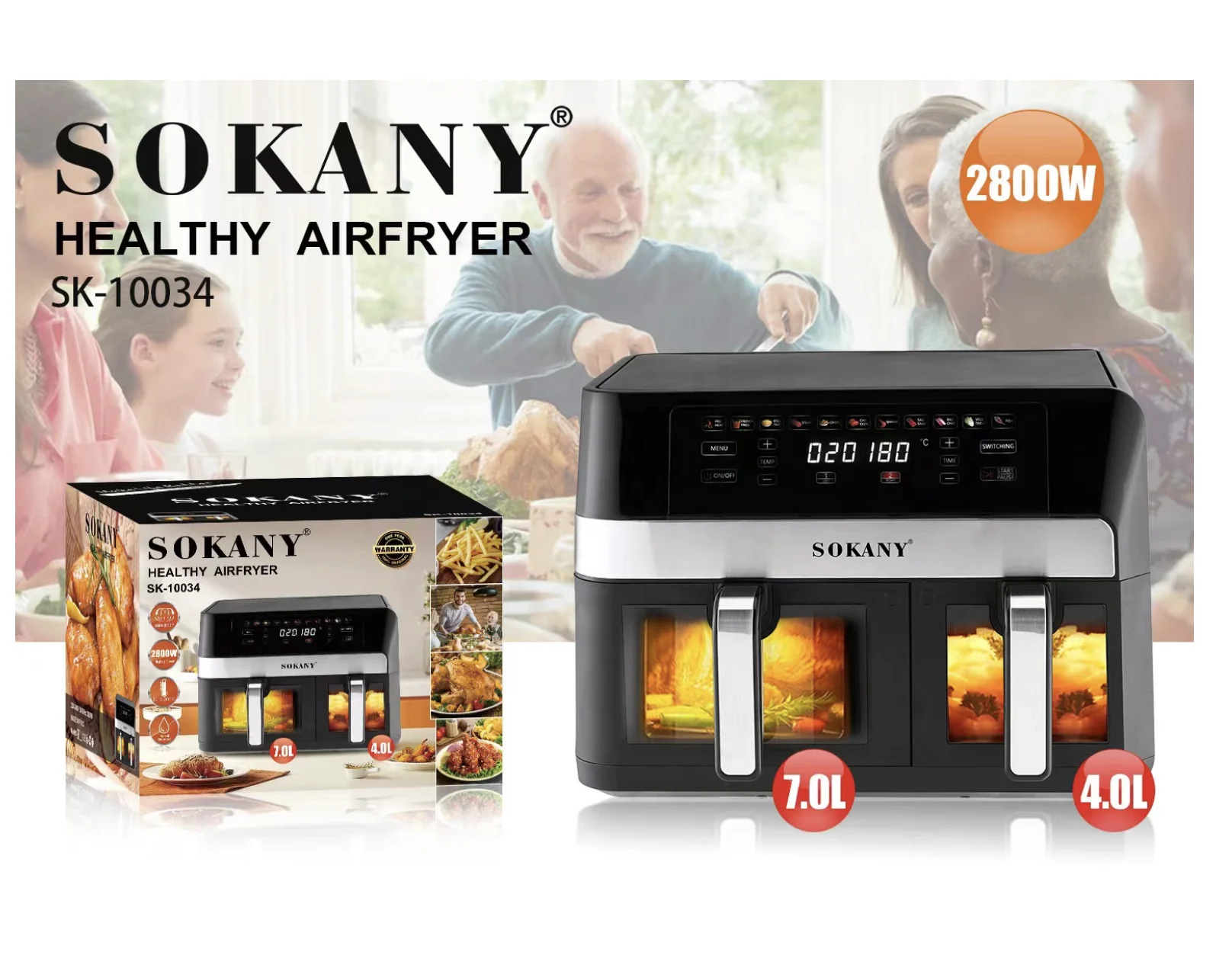 sokany 10034 viewable window  Touch  Double Air Fryer Electric Deep  Oven Smart  s With 2 Independent Baskets