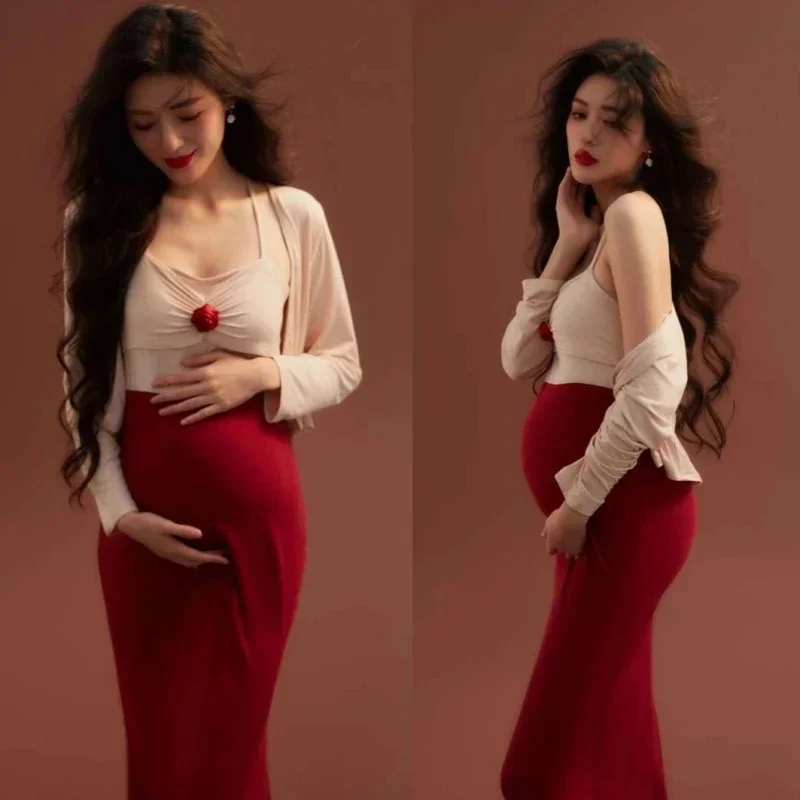 Maternity Women Photography Props Maternity Pregnancy Tank Dress with Cardigans Vintage Maternity Dresses for Photoshoot