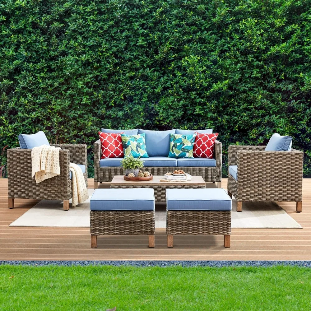 6 Pieces Sectional Sofa with Metal Top Coffee Table, Conversation Set Wicker Rattan Outdoor Furniture for Garden, Patio