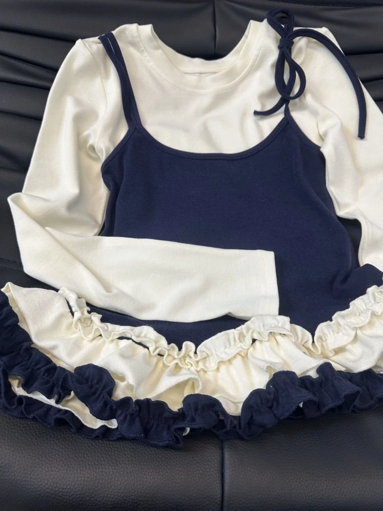 

Deeptown Korean Style T-Shirts Women Sweet Elegant False Two-piece Tees Preppy Style Slim Patchwork Long Sleeve Ruffle T-Shirts