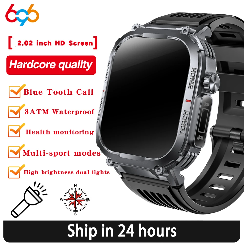 

New Outdoor Sports Blue Tooth Call Smartwatch Men Compass Health Monitor Strong Flashlight Smart Watches 3ATM Waterproof Clock