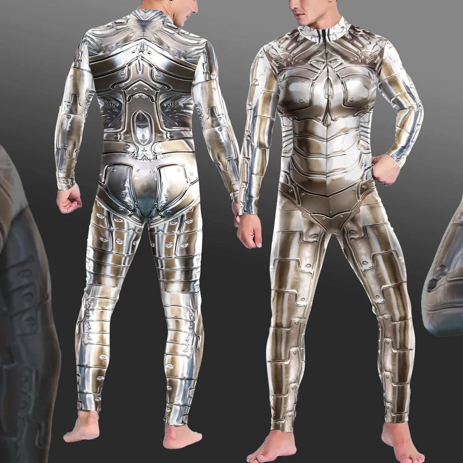 Adult Women Men Steampunk Armor Printed Zentai Bodysuit Long Sleeve Jumpsuit Halloween Party Festival Elastic Cosplay Costumes