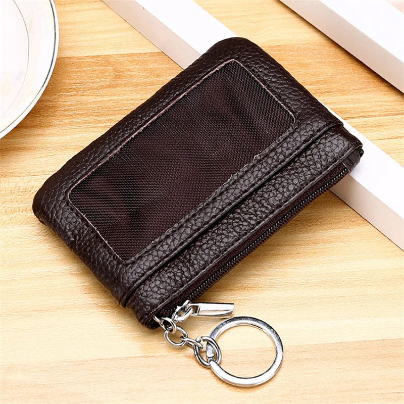Cowhide Fabric Mini Wallet Vintage Short Lady Small Card Holder with Key Ring Coin Women's Purse Money Clip for Man Zipper Bag