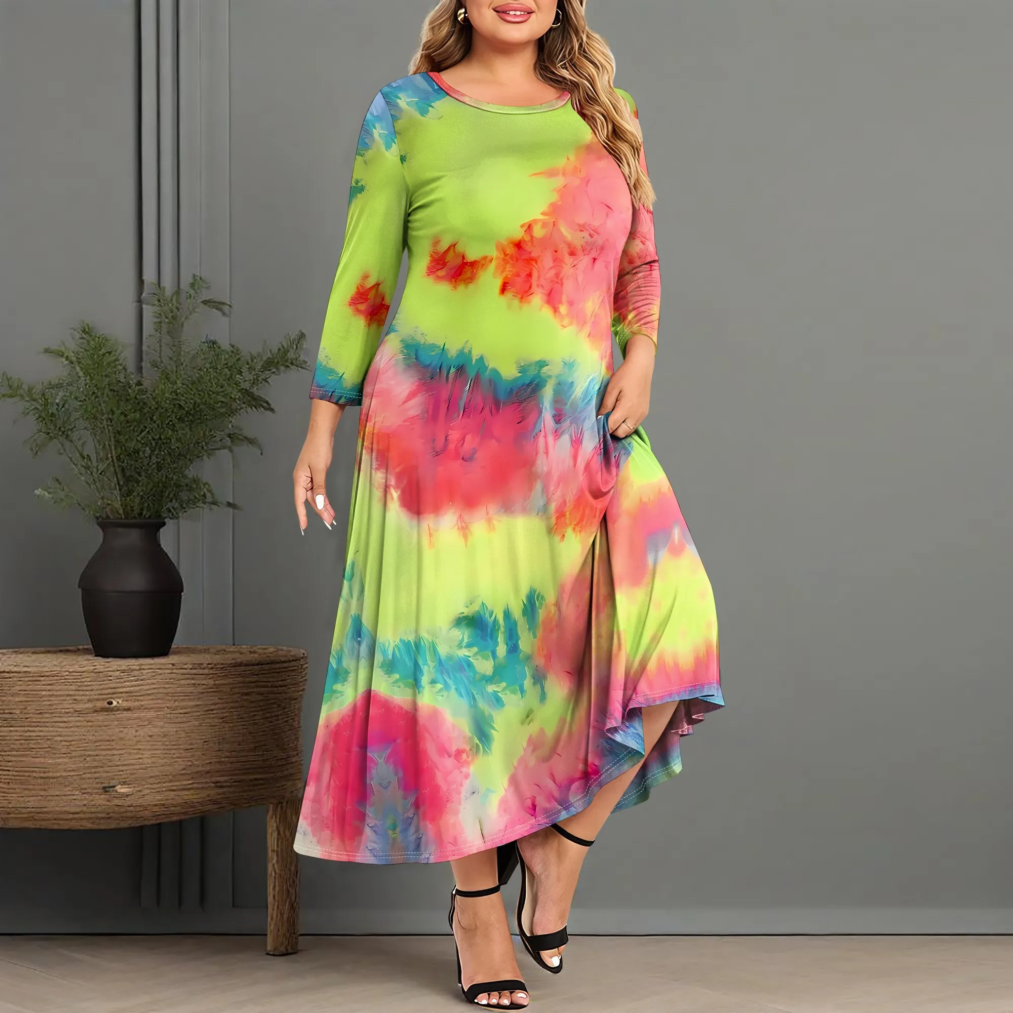 

Nupusa Rainbow Tie Dye Print Dress for Women Plus Size Summer Casual Round Neck 3/4 Sleeve Split Maxi Dress