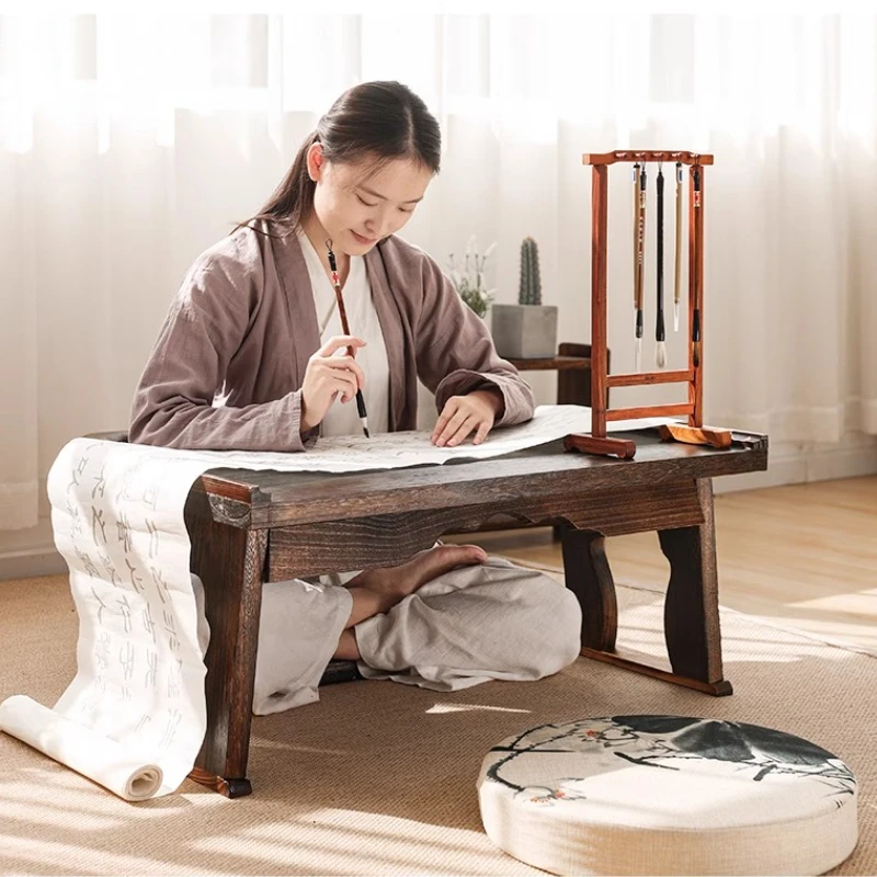 Foldable Computer Desk Solid Wood Lap Table with Portable Minimalist Study Table for Small Space Traditional Low Floor Tea Desk