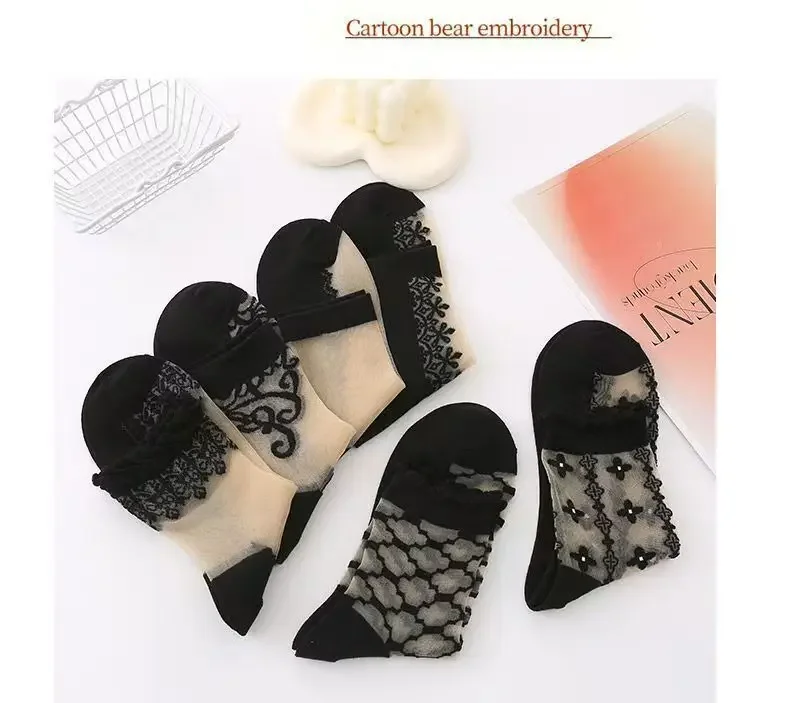 5 Paar Damen-Socken mit Spitze, mittellang, mit Kristallen, Retro-Blumenmuster, für den Sommer, leicht, verschleißfest, atmungsaktiv, Freizeitsocken – Detail 9