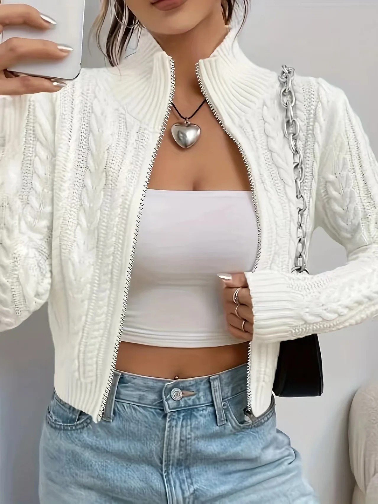 

Zip Up Crop Cardigan for Women Boxy-fit Zipper Front Cable Knit Sweater Jacket Autumn Winter Teen-girl Y2K Outfit
