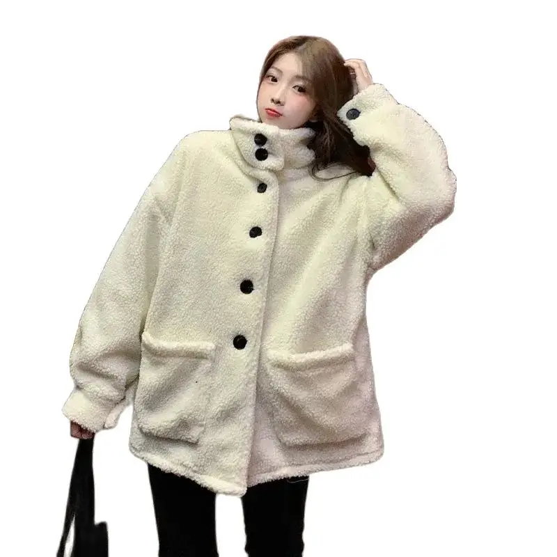 Lamb Fleece Coat Women's 2023 Autumn Winter Coat Thickened with Plush Loose Warm Standing Collar Plush Korean Casual Top Trend