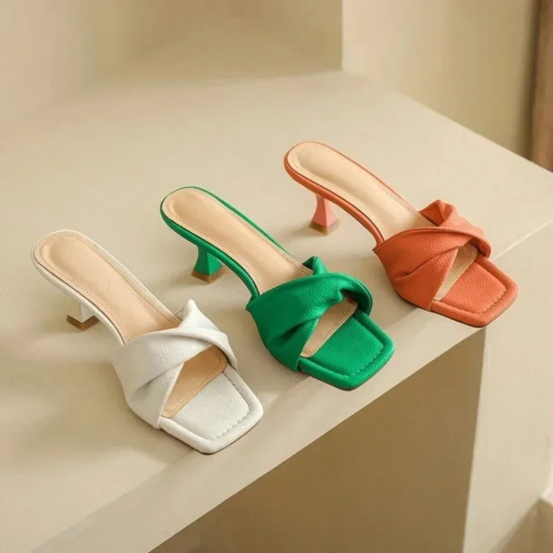 Summer Thin Heel Slippers Women 2023 Fashion Pleated Square Toe Green Orange Women Sandals Casual Elegant Ladies Dress Shoes