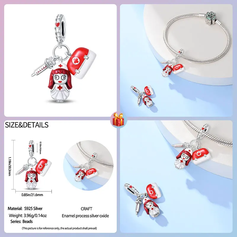 Travel Hobbies Beads 925 Sterling Silver Red Hair Nurse Medical Kit Syringe 3 Piece Set Charm Women's Jewelry DIY Gift