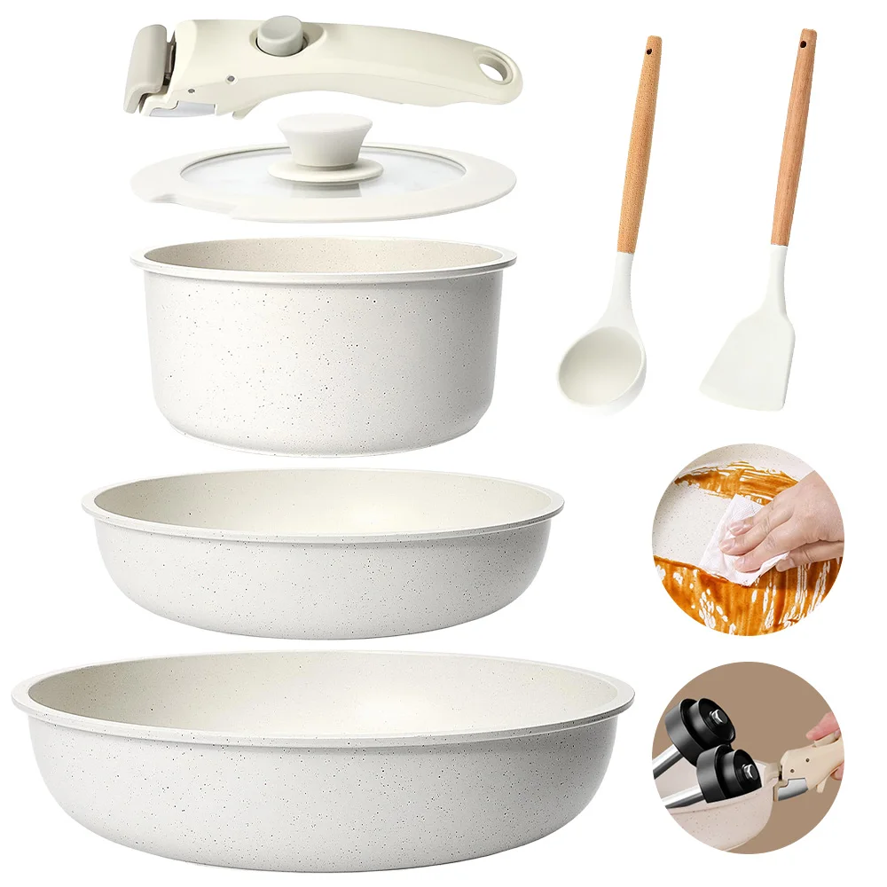 DFITO 5-delige/17-delige antiaanbak kookset beige, pannenset met afneembare handgrepen, ruimtebesparende stapelbare kookset, ovenbestendig