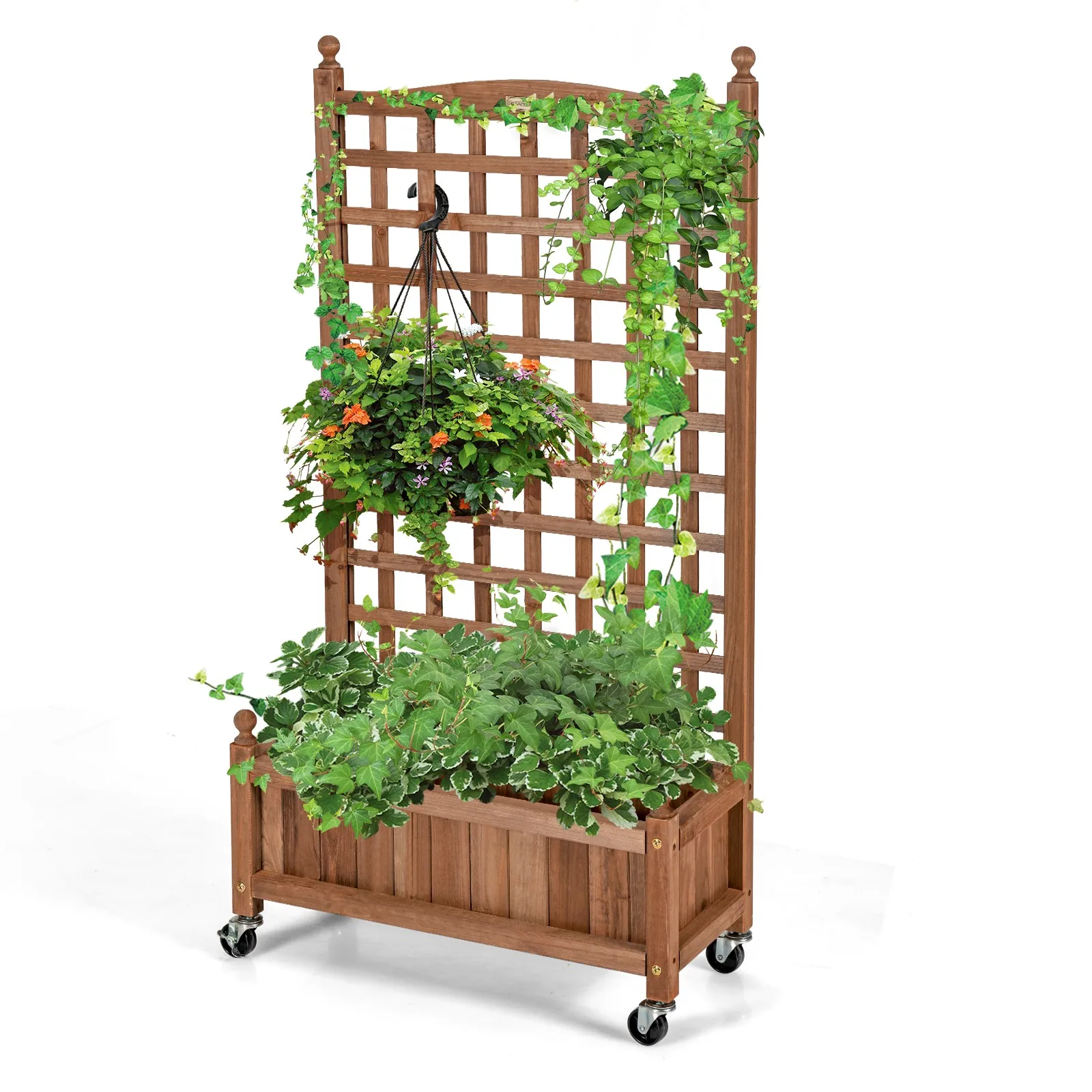 

Wood Planter Box 50in w/Trellis Mobile Raised Bed for Climbing Plant