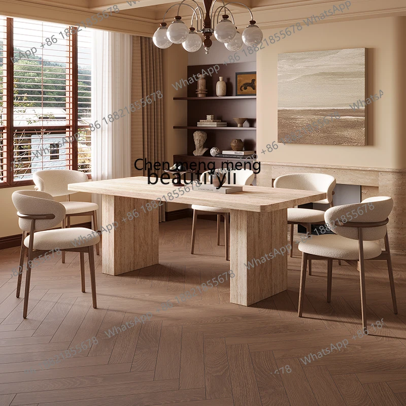 z183 Medieval travertine rock slab dining table French retro wabi sandy wind solid wood dining table and chair combination home